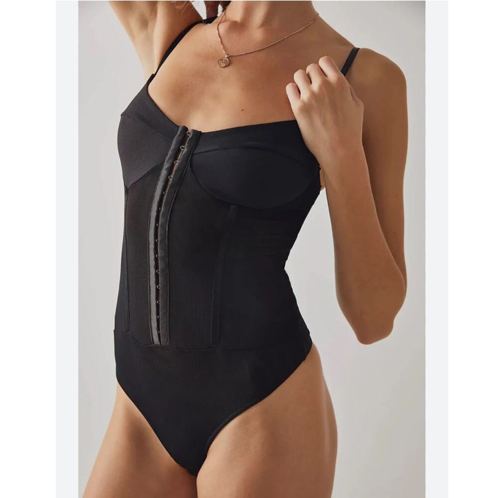 Free People Black Night Rhythm Corset Thong Bodysuit Size Medium